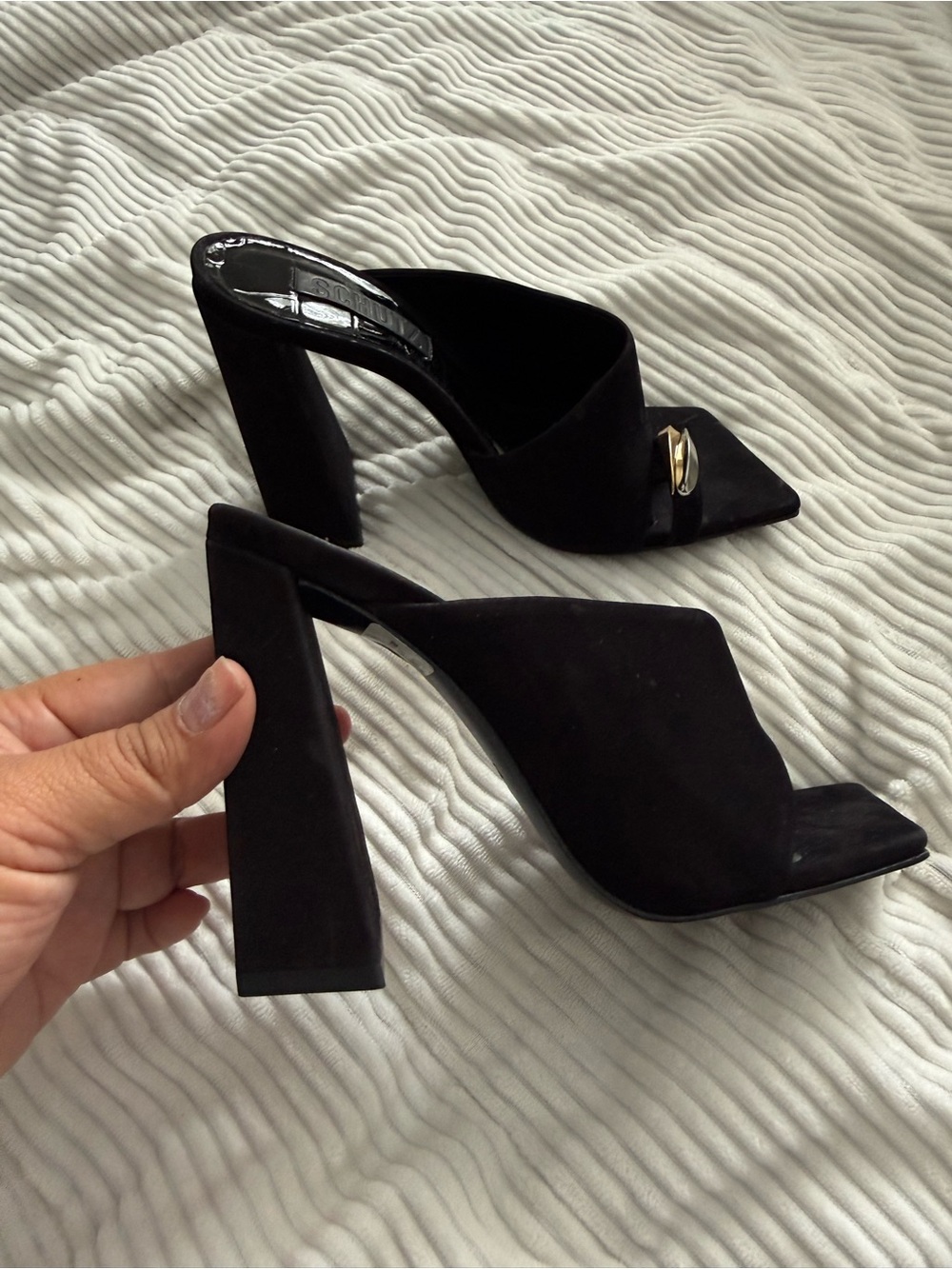 Women's Black Suede Heeled Mules with Gold Accent - Picture 3 of 7